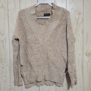 SHOWPO Tan White Knitted V neck Pullover Sweater S/M